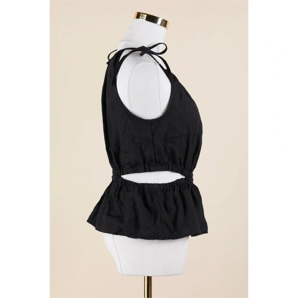 Sz XS J. Crew Black 100% Linen Cutout Halter Neck Tank Top EUC